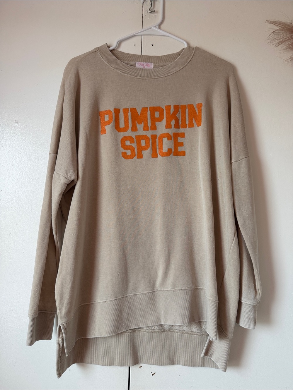 Pink Lily Beige Crewneck Sweatshirt with Orange "Pumpkin Spice" Graphic